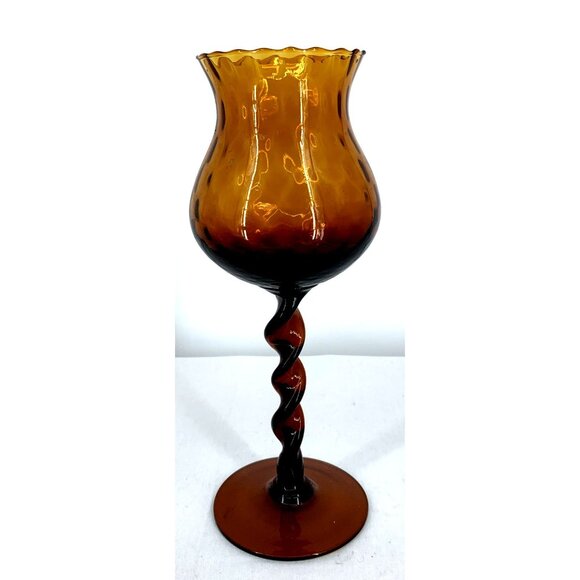 Empoli Candleholder Art Glass Optic Ribbed Twisted Stem Amber Italy 11.75" Tall - Picture 5 of 9